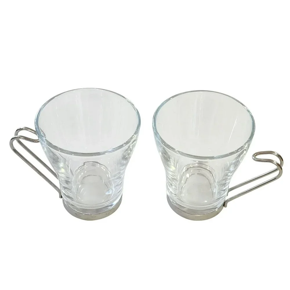 Vintage Clear Glass Cappuccino Expresso Tea Cup Coffee Mug Set of 7 Metal Handle